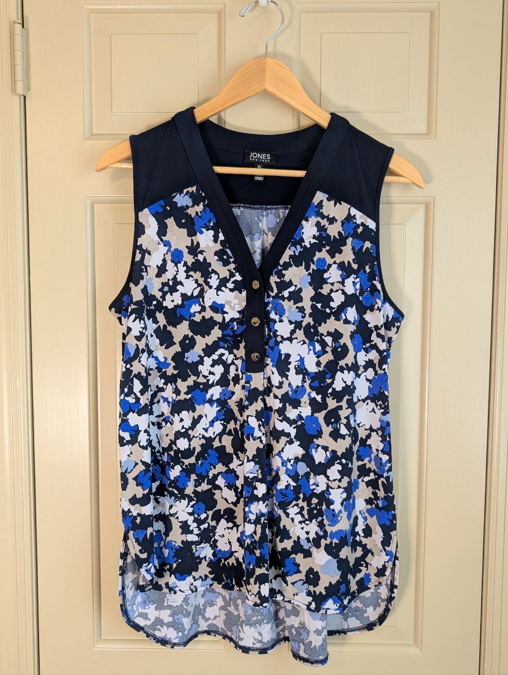 Jones New York Navy Blue Sleeveless Abstract Floral Blouse Button Front Size L - Picture 2 of 8